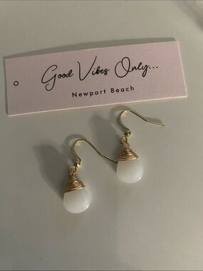 Good Vibes 😎 Only Gold Wire-Wrap White Teardrop Dangle Earrings